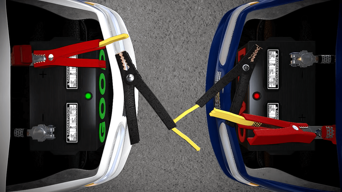 Info Graphic showing where to connect the red positive ends of the jumper cable clamps
